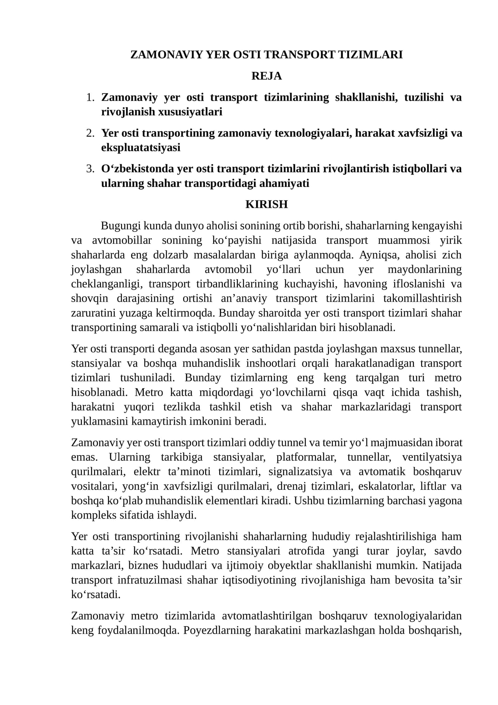 ZAMONAVIY YER OSTI TRANSPORT TIZIMLARI 1