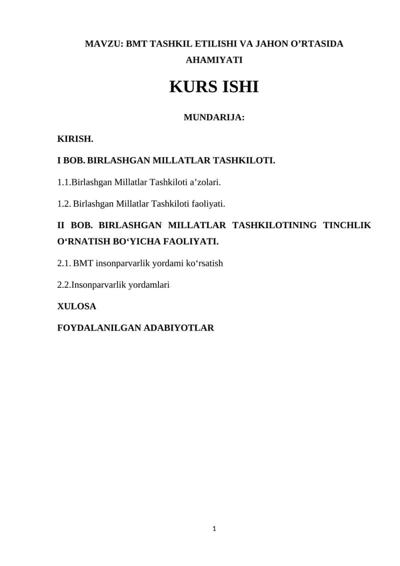 Birlashgan Millatlar Tashkiloti Kurs Ishi 1