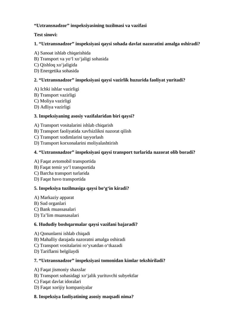 “Uztransnadzor” inspeksiyasining tuzilmasi va vazifasi 1