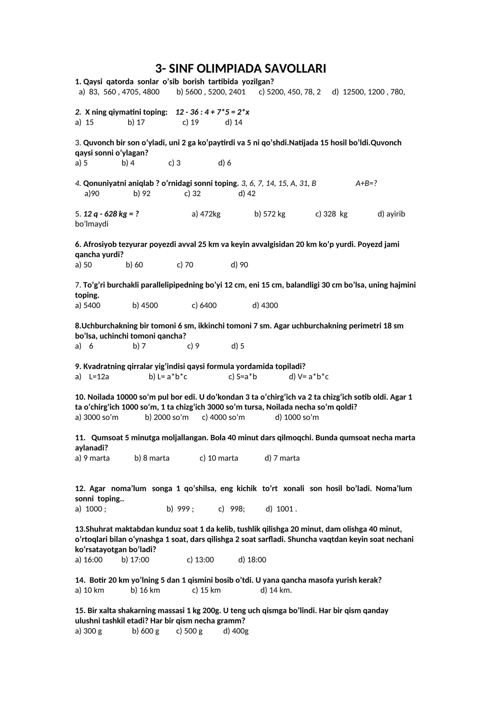 3-sinf olimpiada savollari matematika fanidan 1