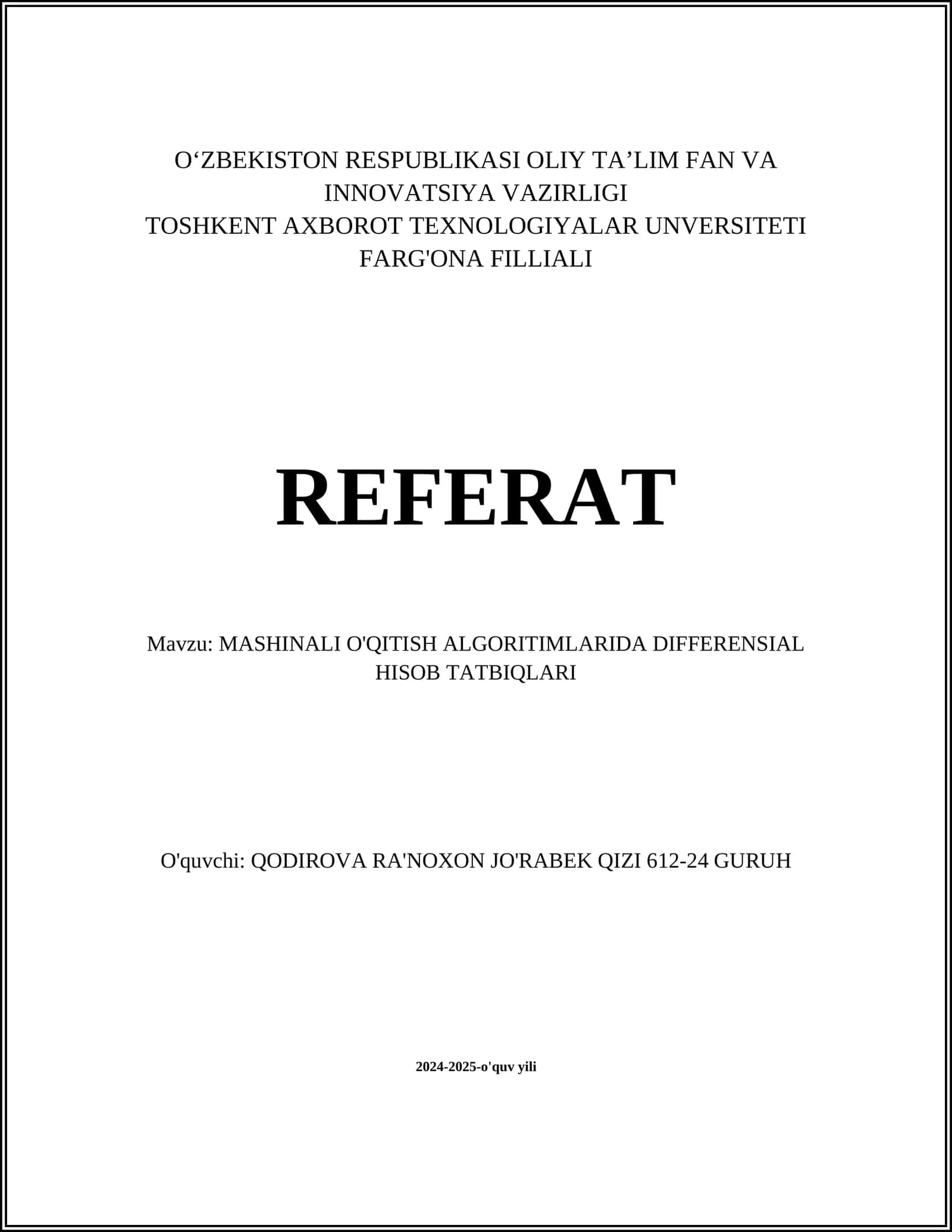 MASHINALI O'QITISH ALGORITIMLARIDA DIFFERENSIAL HISOB TATBIQLARI 1