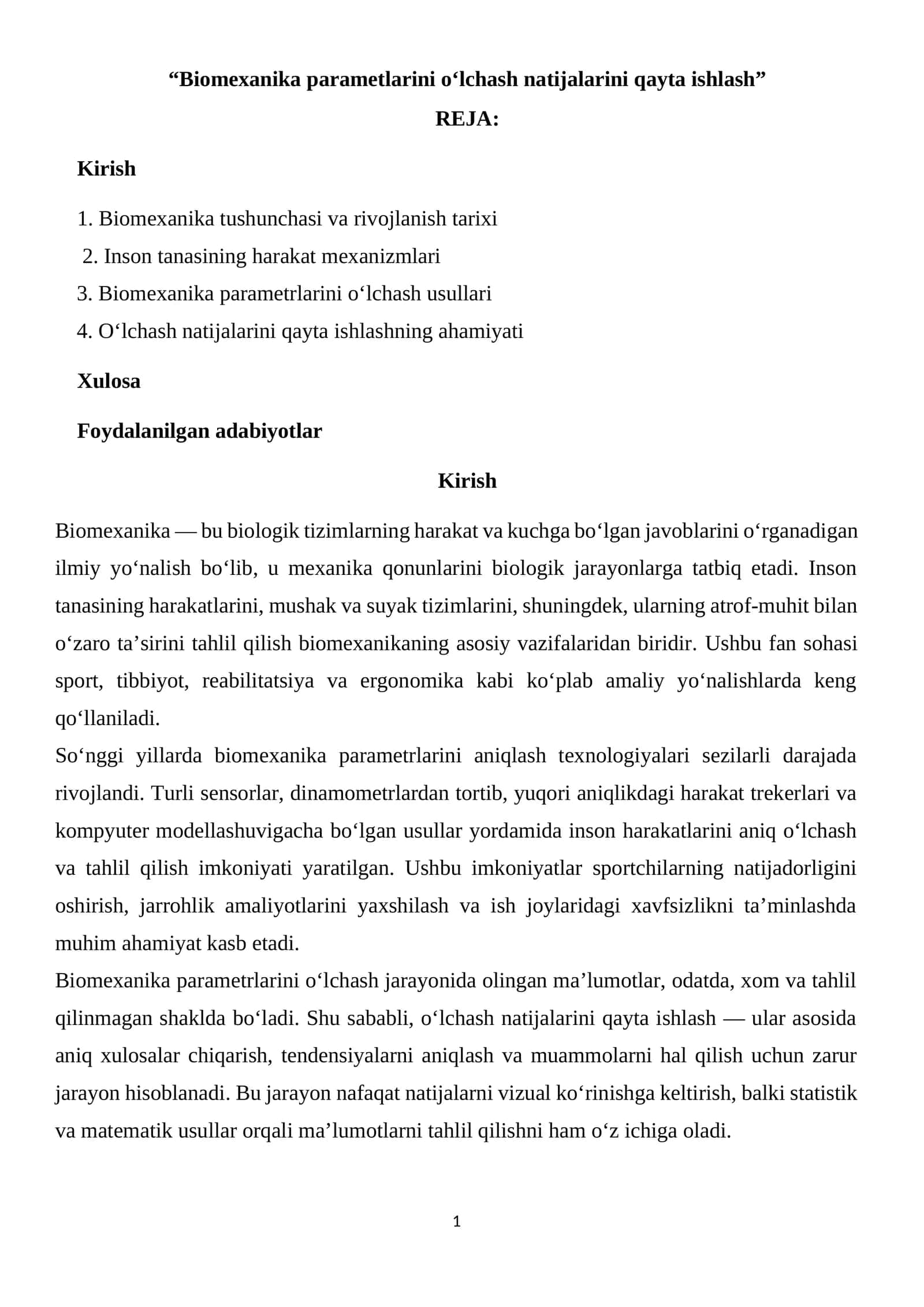 Biomexanika parametlarini o‘lchash natijalarini qayta ishlash 1