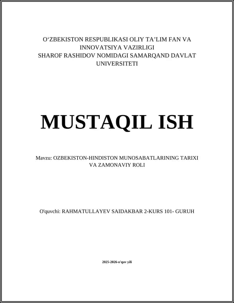 O‘ZBEKISTON-HINDISTON MUNOSABATLARINING TARIXI VA ZAMONAVIY ROLI 1
