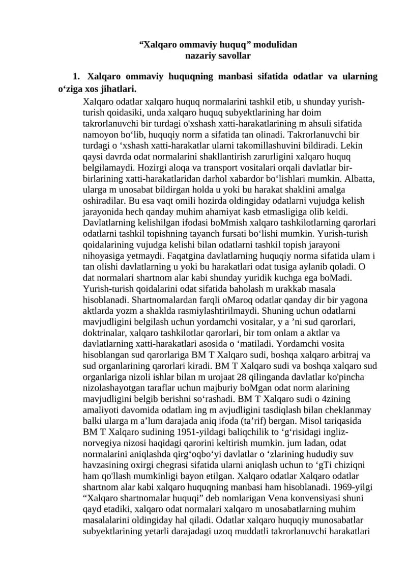 "Xalqaro ommaviy huquq" modulidan 1