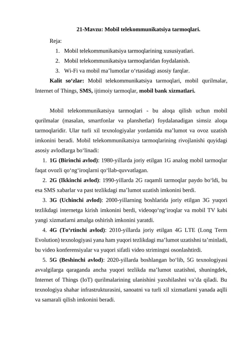 Mobil telekommunikatsiya tarmoqlari 1