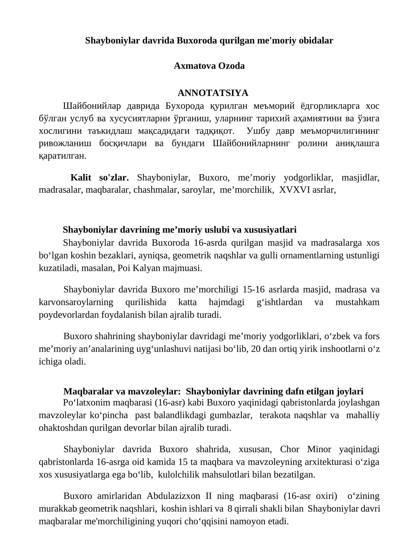 Shayboniylar davrida Buxoroda qurilgan me'moriy obidalar 1