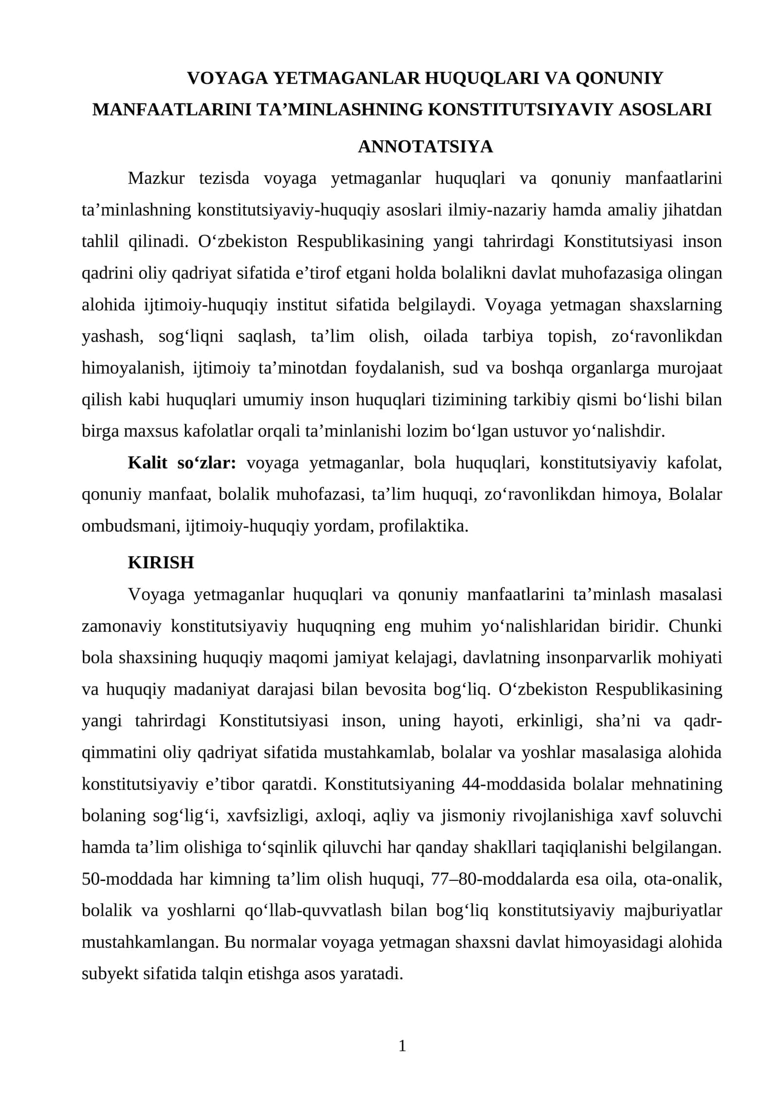 VOYAGA YETMAGANLAR HUQUQLARI VA QONUNIY MANFAATLARINI TAʼMINLASHNING KONSTITUTSIYAVIY ASOSLARI 1