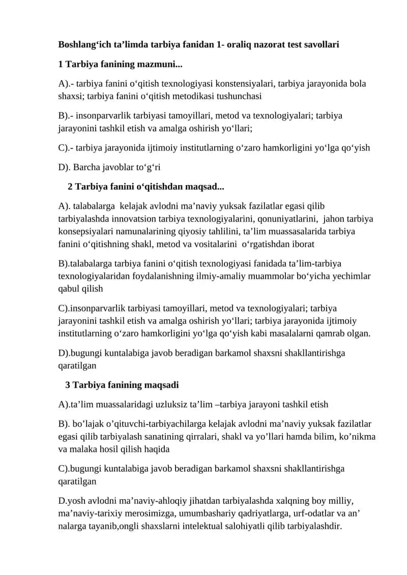 Boshlang‘ich ta’limda tarbiya fanidan 1- oraliq nazorat test savollari 1