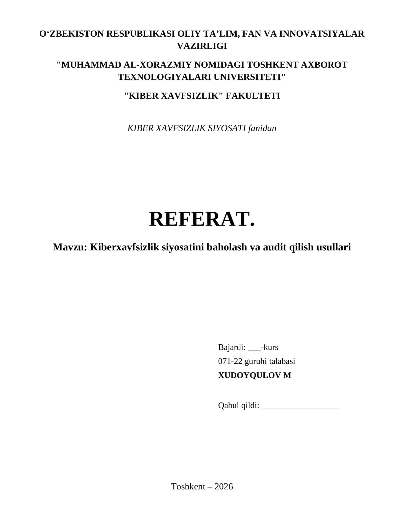 Kiberxavfsizlik siyosatini baholash va audit qilish usullari 1