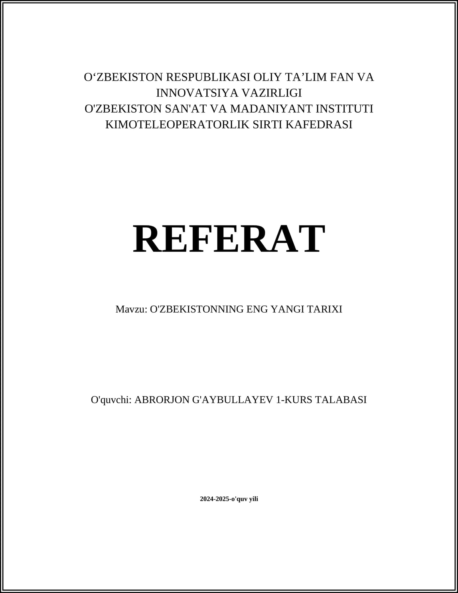 O'ZBEKISTONNING ENG YANGI TARIXI 1