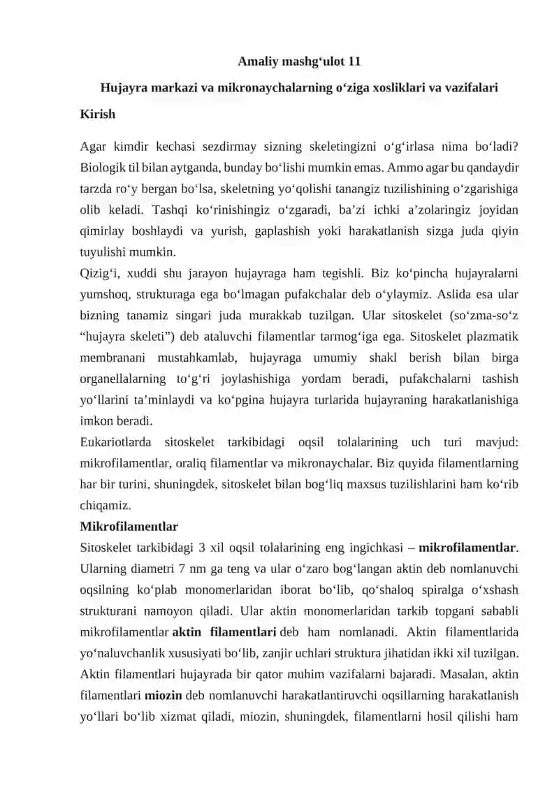Hujayra Markazi va Mikronaychalarning O‘ziga Xosliklari va Vazifalari