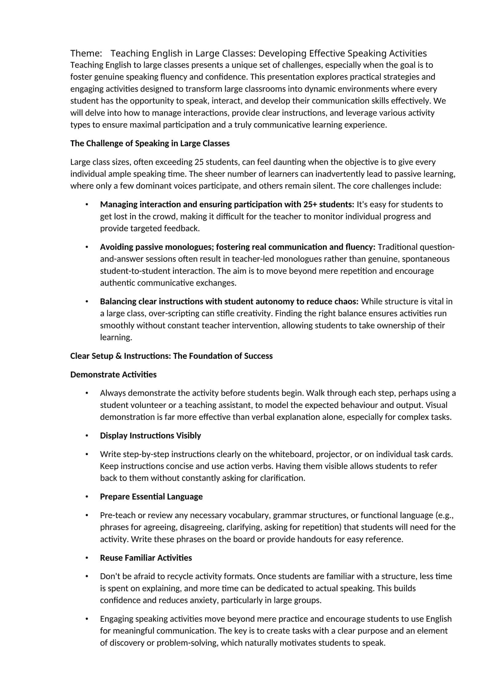 Teaching English in Large Classes: Developing Effective Speaking Activities 1
