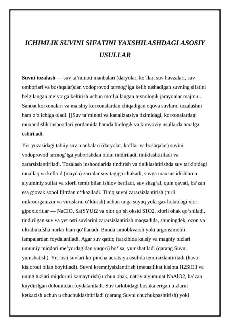 ICHIMLIK SUVINI SIFATINI YAXSHILASHDAGI ASOSIY USULLAR 1