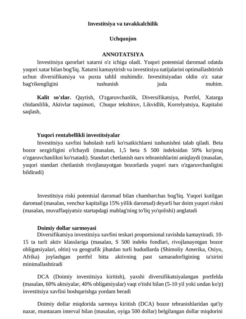 Investitsiya va tavakkalchilik 1
