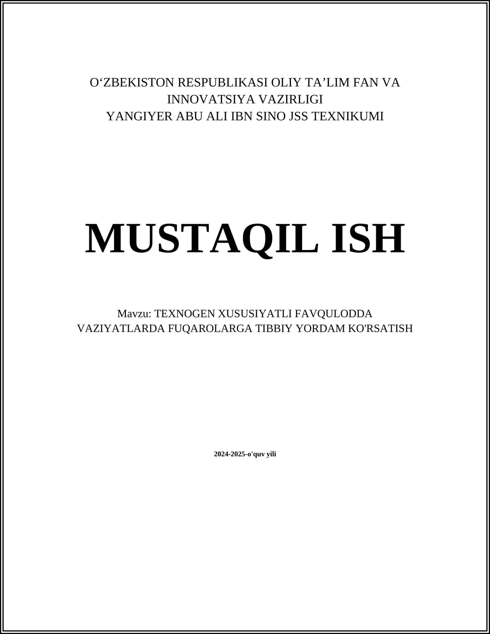 TEXNOGEN XUSUSIYATLI FAVQULODDA VAZIYATLARDA FUQAROLARGA TIBBIY YORDAM KO'RSATISH 1
