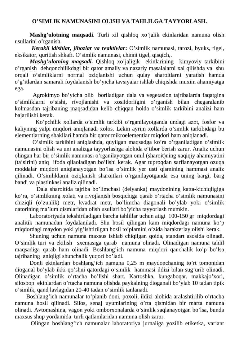 O’SIMLIK NAMUNASINI OLISH VA TAHLILGA TAYYORLASH 1