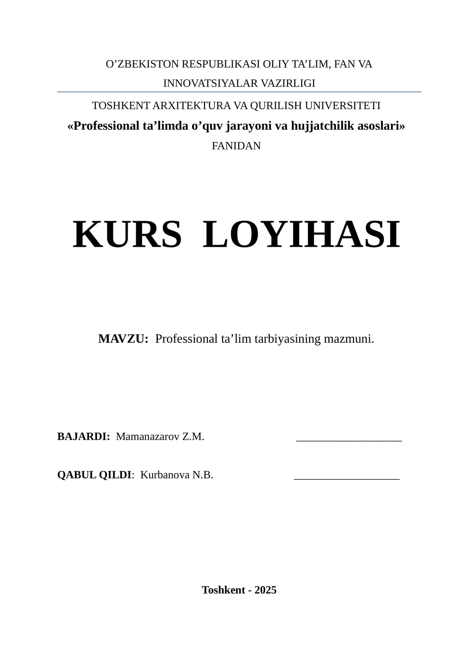 Professional ta’lim tarbiyasining mazmuni 1