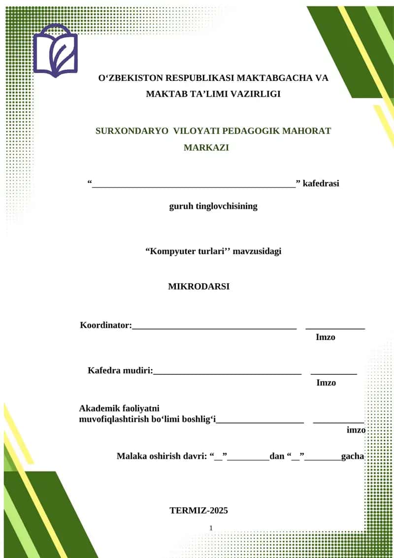 “Kompyuter turlariʼʼ mavzusidagi MIKRODARSI 1