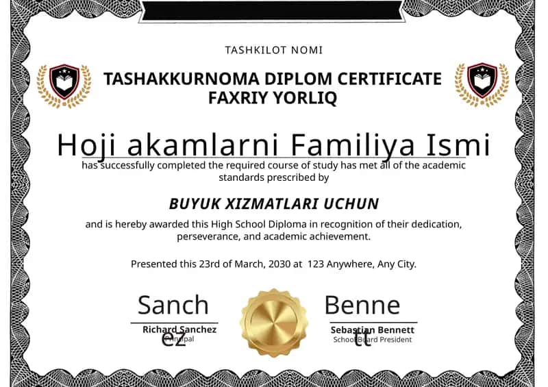 TASHAKKURNOMA DIPLOM CERTIFICATE FAXRIY YORLIQ 1