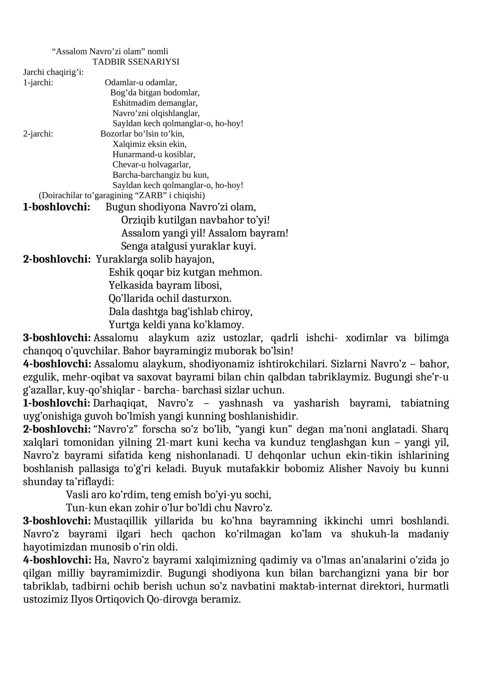 “Assalom Navro’zi olam” nomli TADBIR SSENARIYSI 1