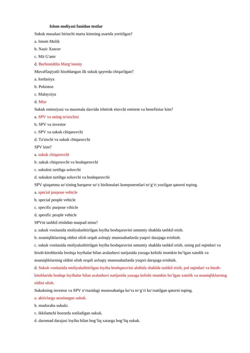 Islom moliyasi fanidan testlar 1