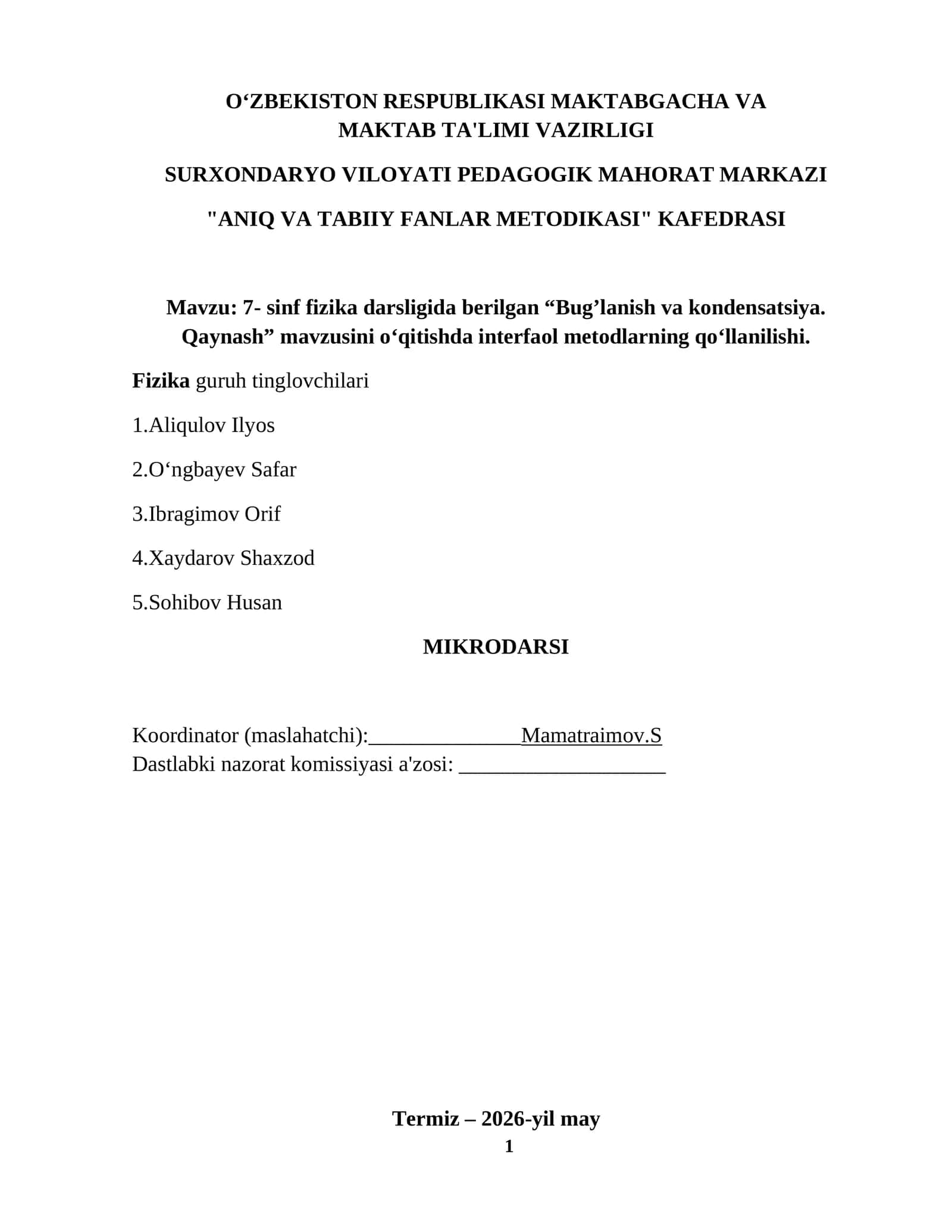 7- sinf fizika darsligida berilgan “Bug’lanish va kondensatsiya. Qaynash” 1
