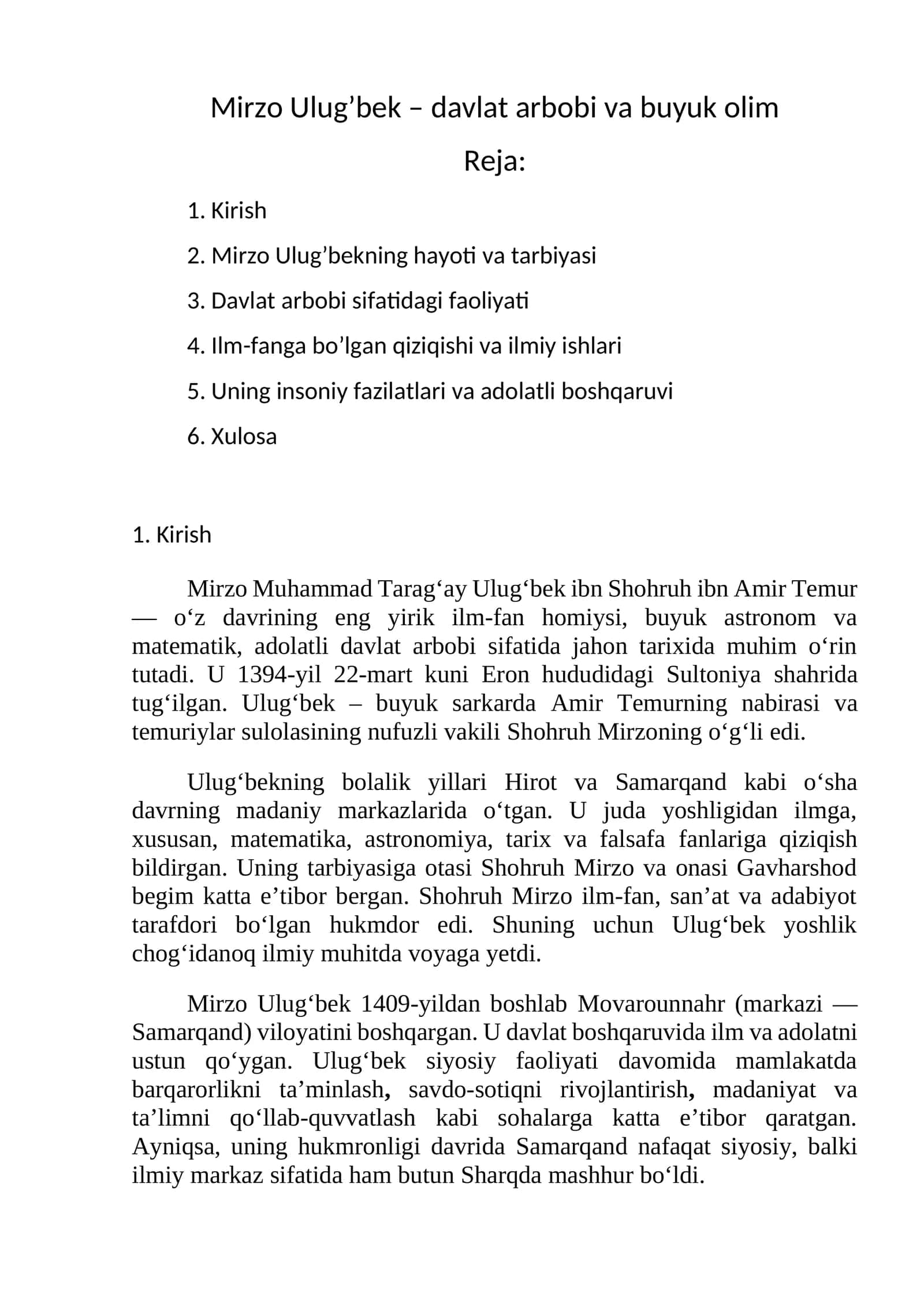Mirzo Ulug’bekning hayoti va tarbiyasi 1