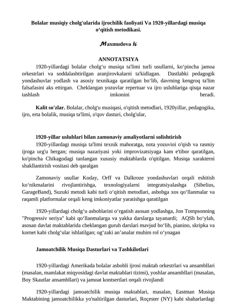 1920-yillardagi bolalar cholg'ularida musiqa ta'limi 1