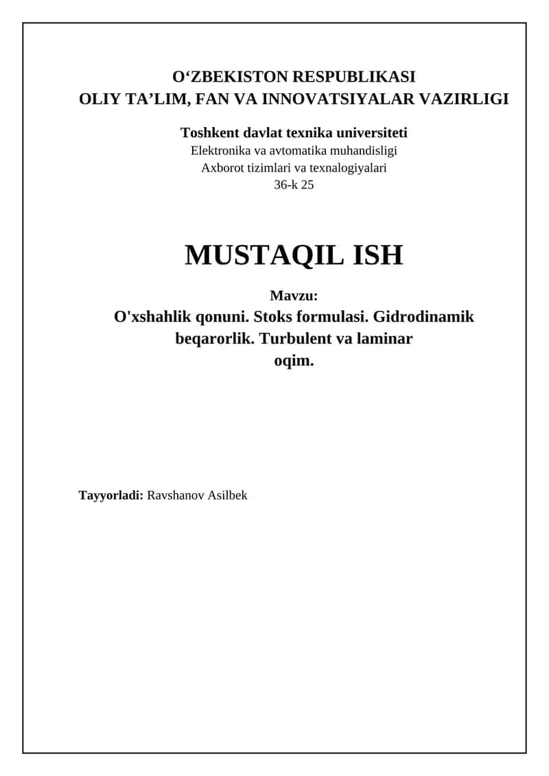 Suyuqlik va Gazlar Harakati 1