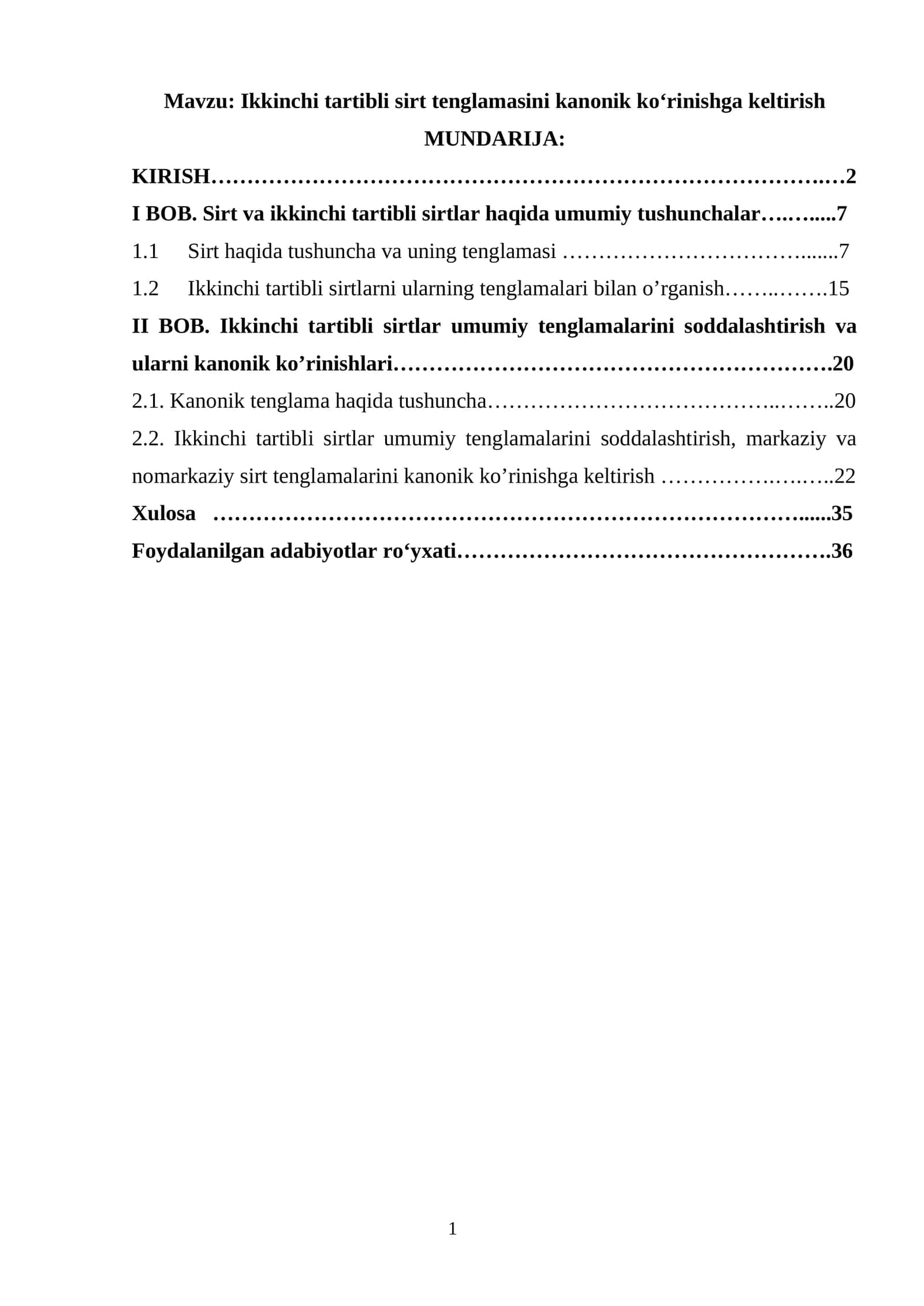 Ikkinchi tartibli sirt tenglamasini kanonik koʻrinishga keltirish 1