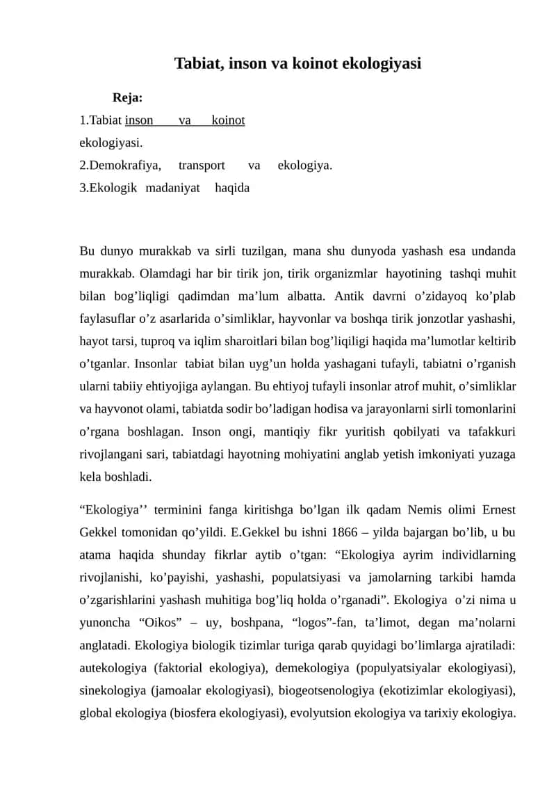 Tabiat, inson va koinot ekologiyasi 1