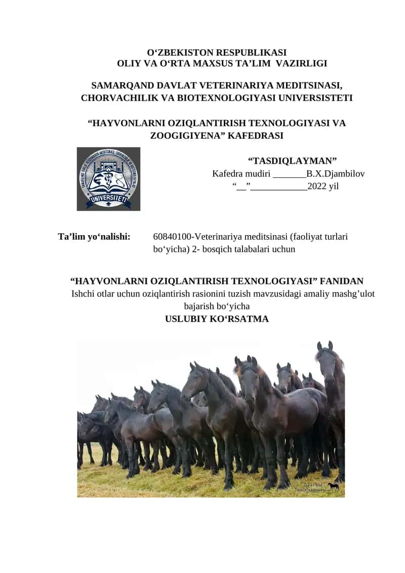Ishchi otlar uchun oziqlantirish rasionini tuzish 1