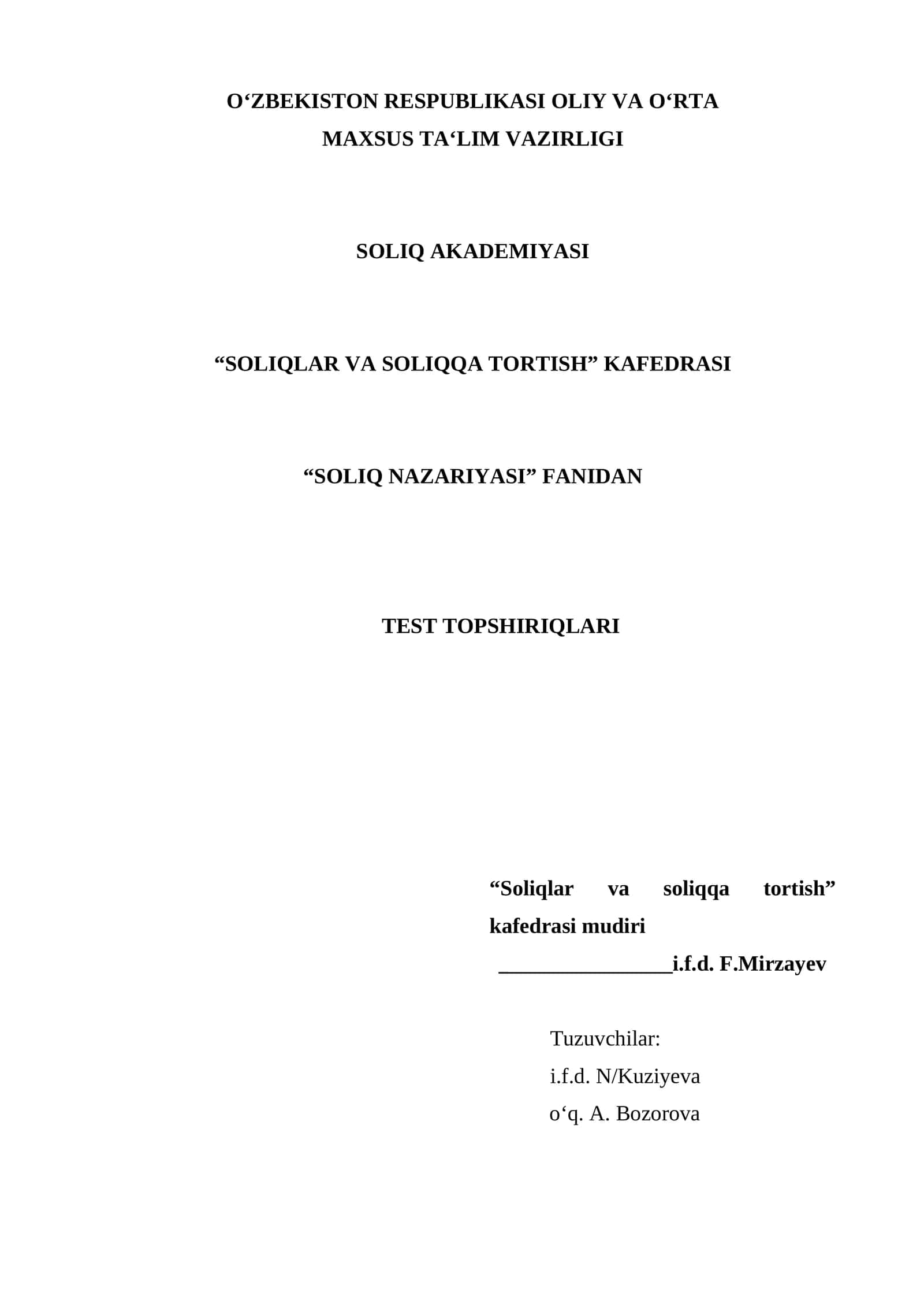 "SOLIQ NAZARIYASI" FANIDAN TEST TOPSHIRIQLARI 1