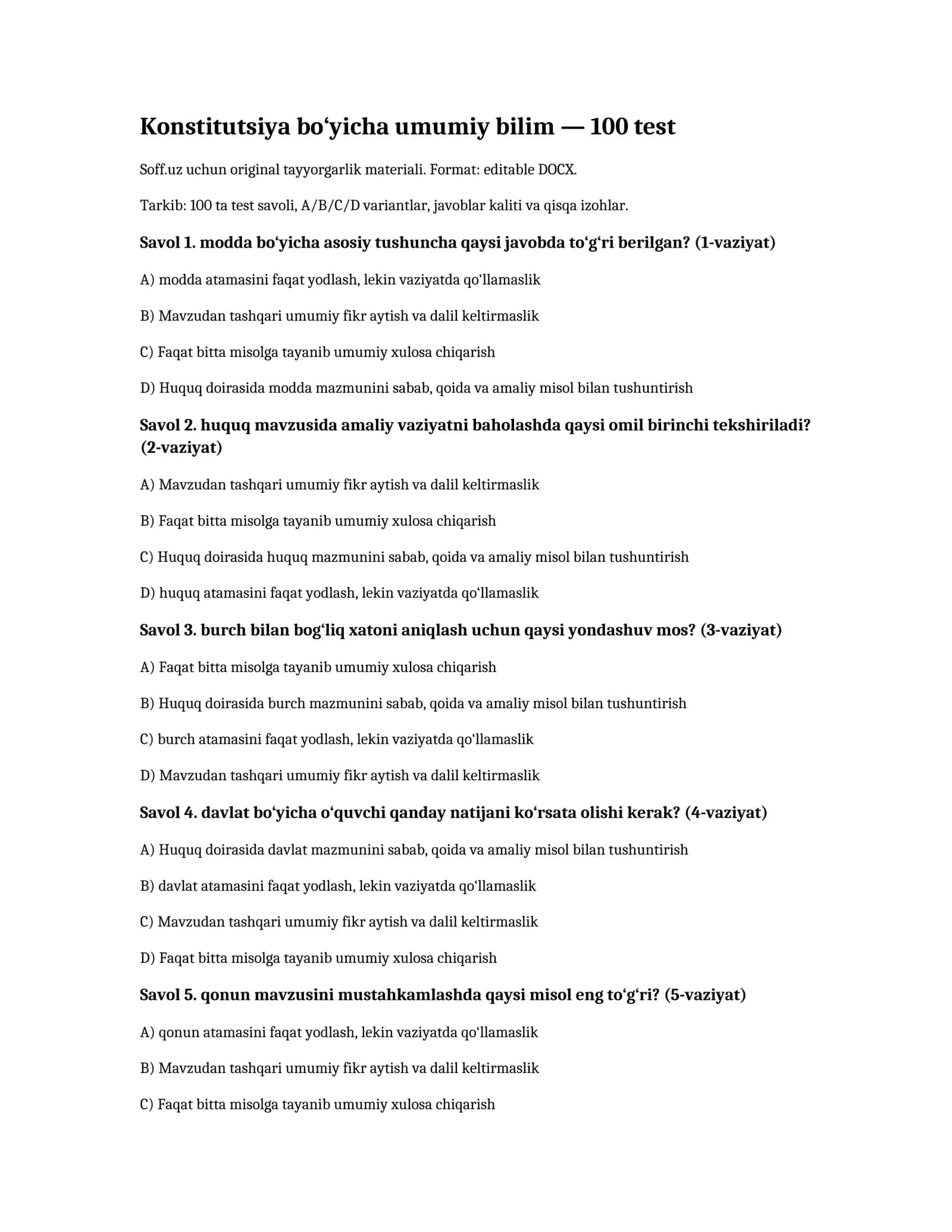 Konstitutsiya bo‘yicha umumiy bilim — 100 test 1