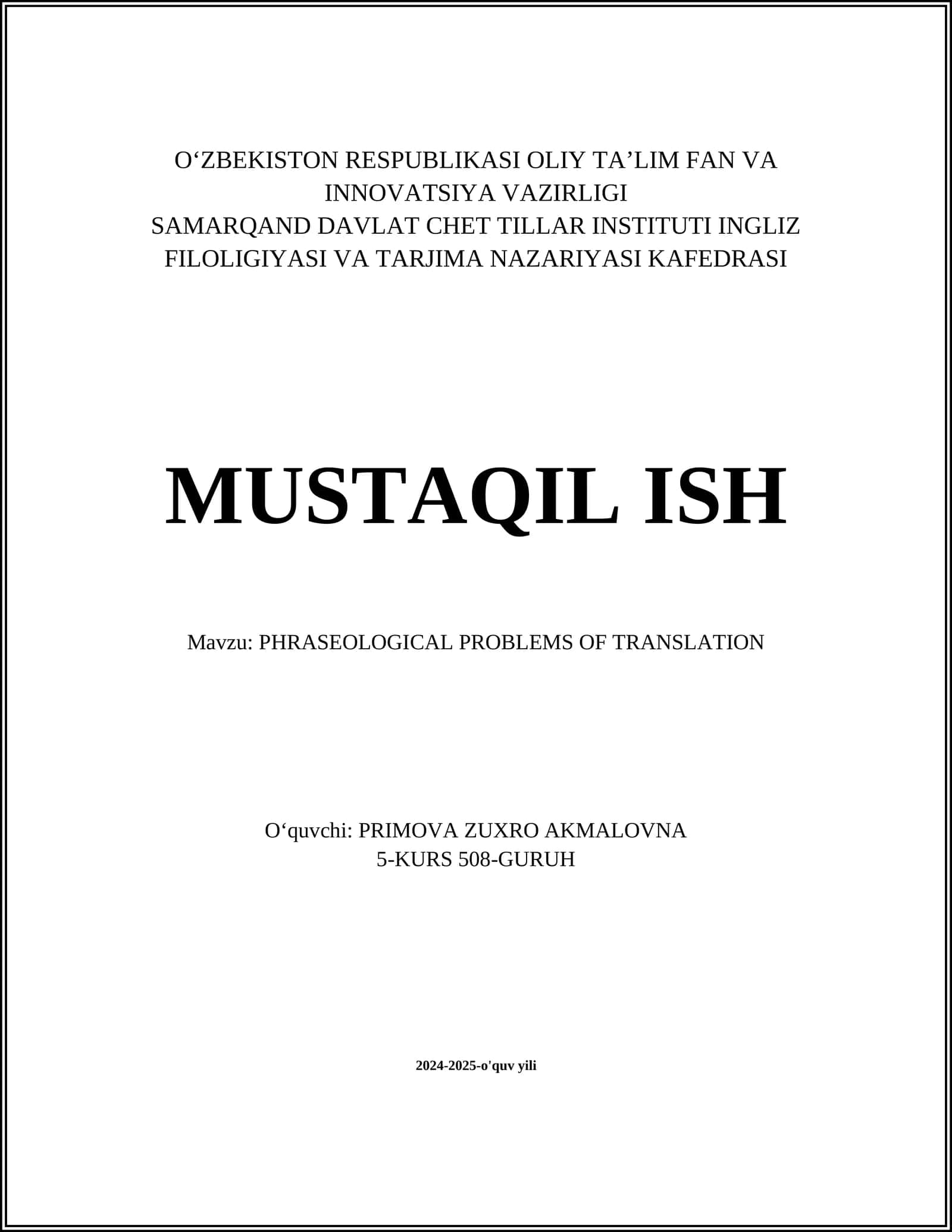 PHRASEOLOGICAL PROBLEMS OF TRANSLATION 1