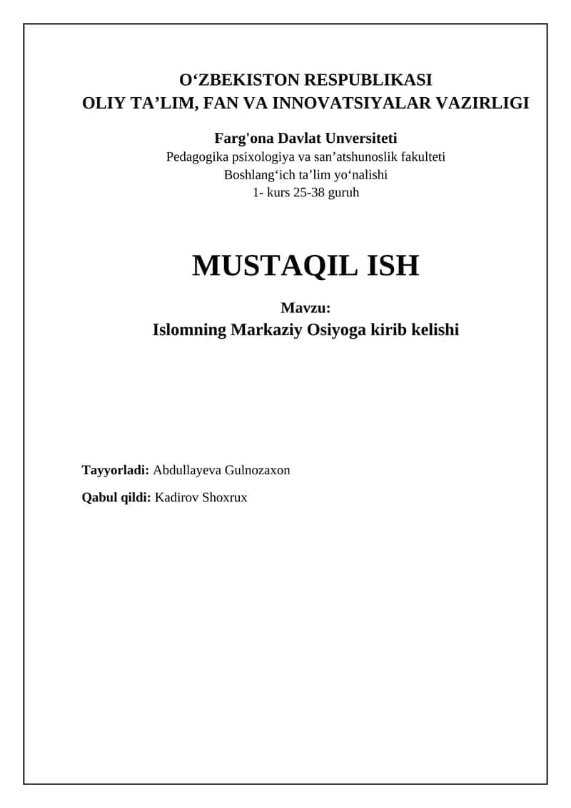 Islomning Markaziy Osiyoga kirib kelishi 1