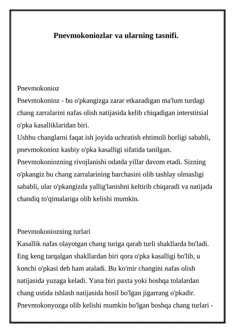 Pnevmokoniozlar va ularning tasnifi 1