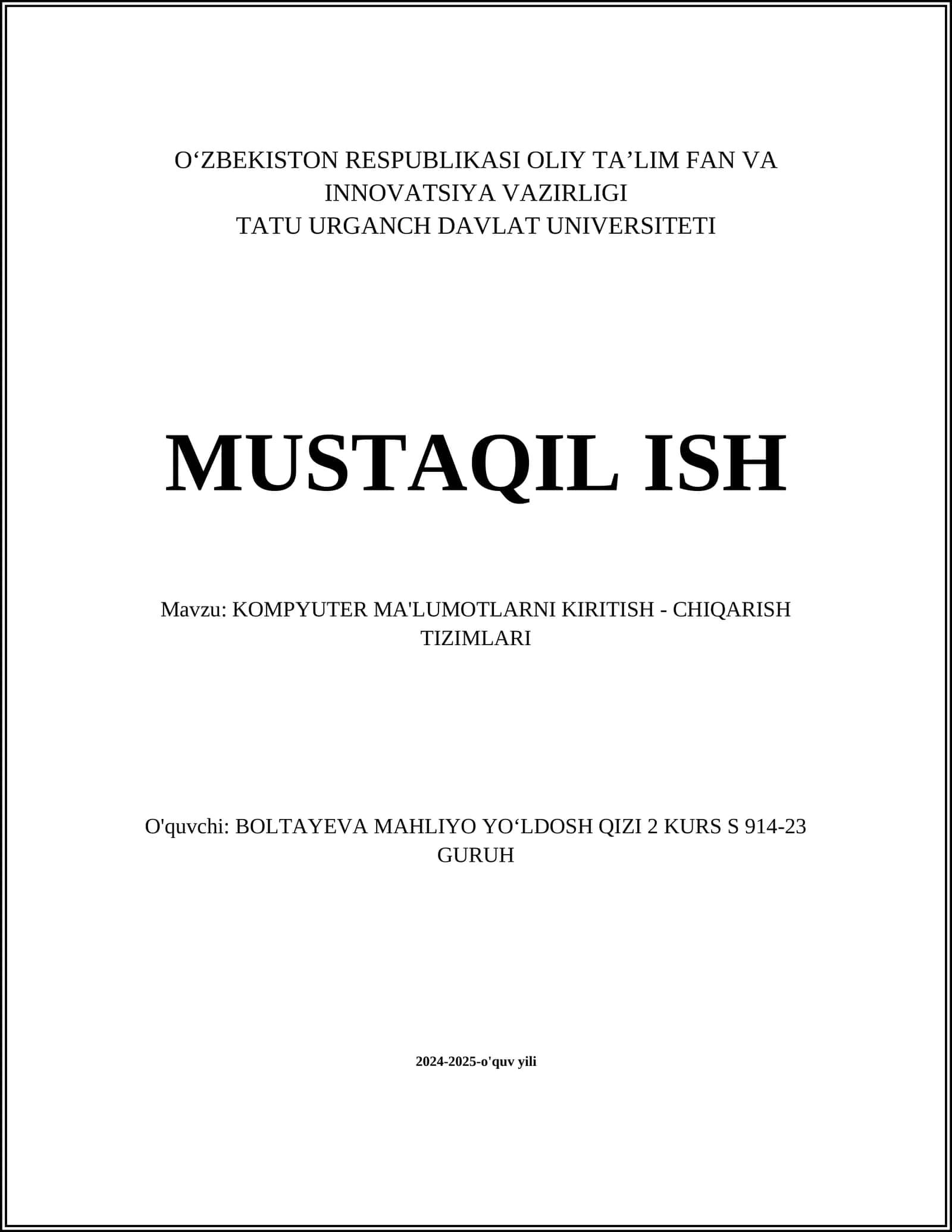 KOMPYUTER MA'LUMOTLARNI KIRITISH - CHIQARISH TIZIMLARI 1