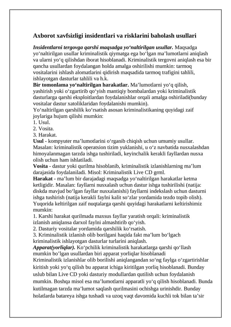 Axborot xavfsizligi insidentlari va risklarini baholash usullari 1