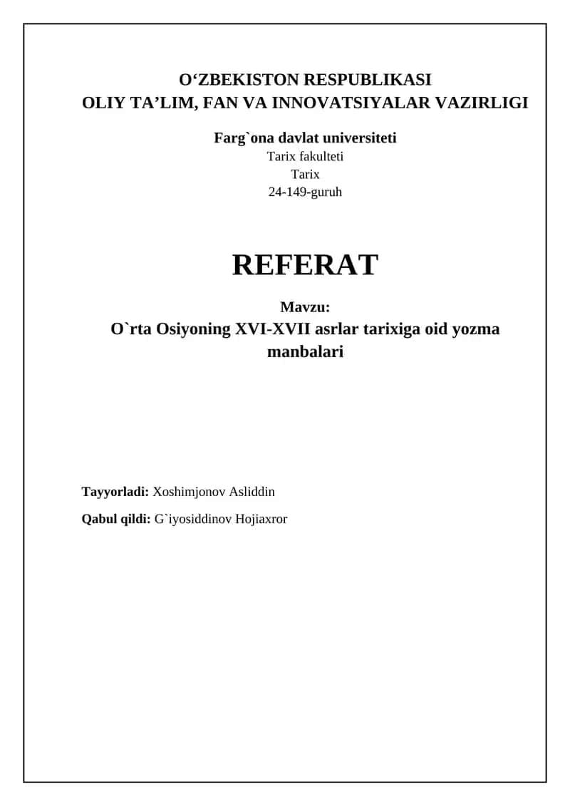 XVI-XVII asrlar Markaziy Osiyo tarixi 1