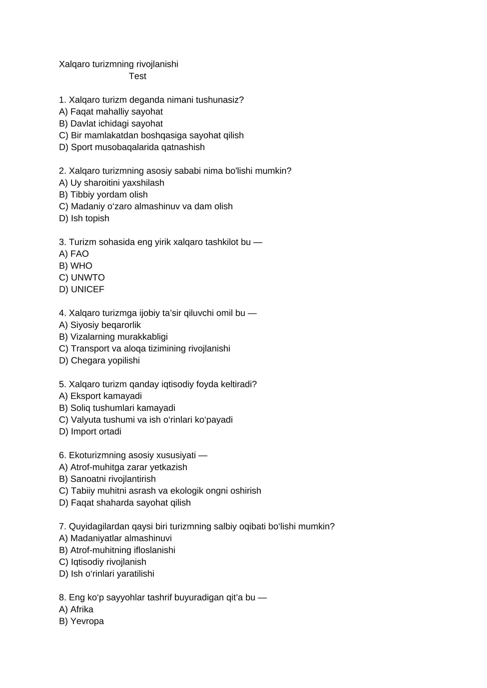 Xalqaro turizmning rivojlanishi 1
