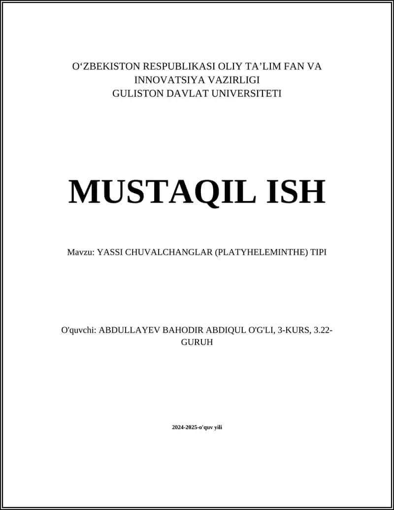 YASSI CHUVALCHANGLAR (PLATYHELEMINTHE) TIPI 1