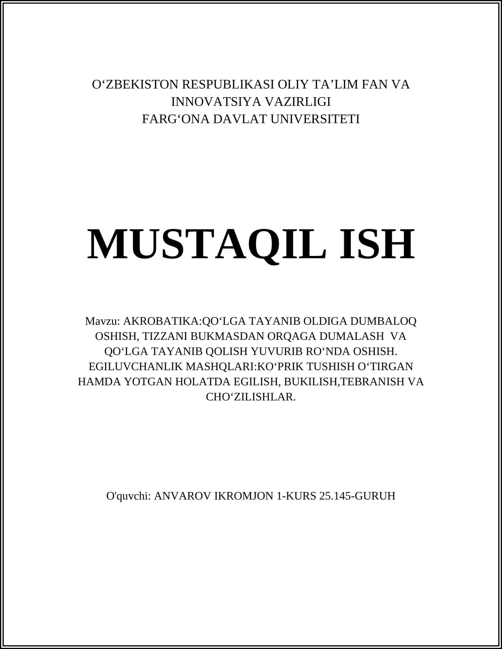 AKROBATIKA:QO‘LGA TAYANIB OLDIGA DUMBALOQ OSHISH 1