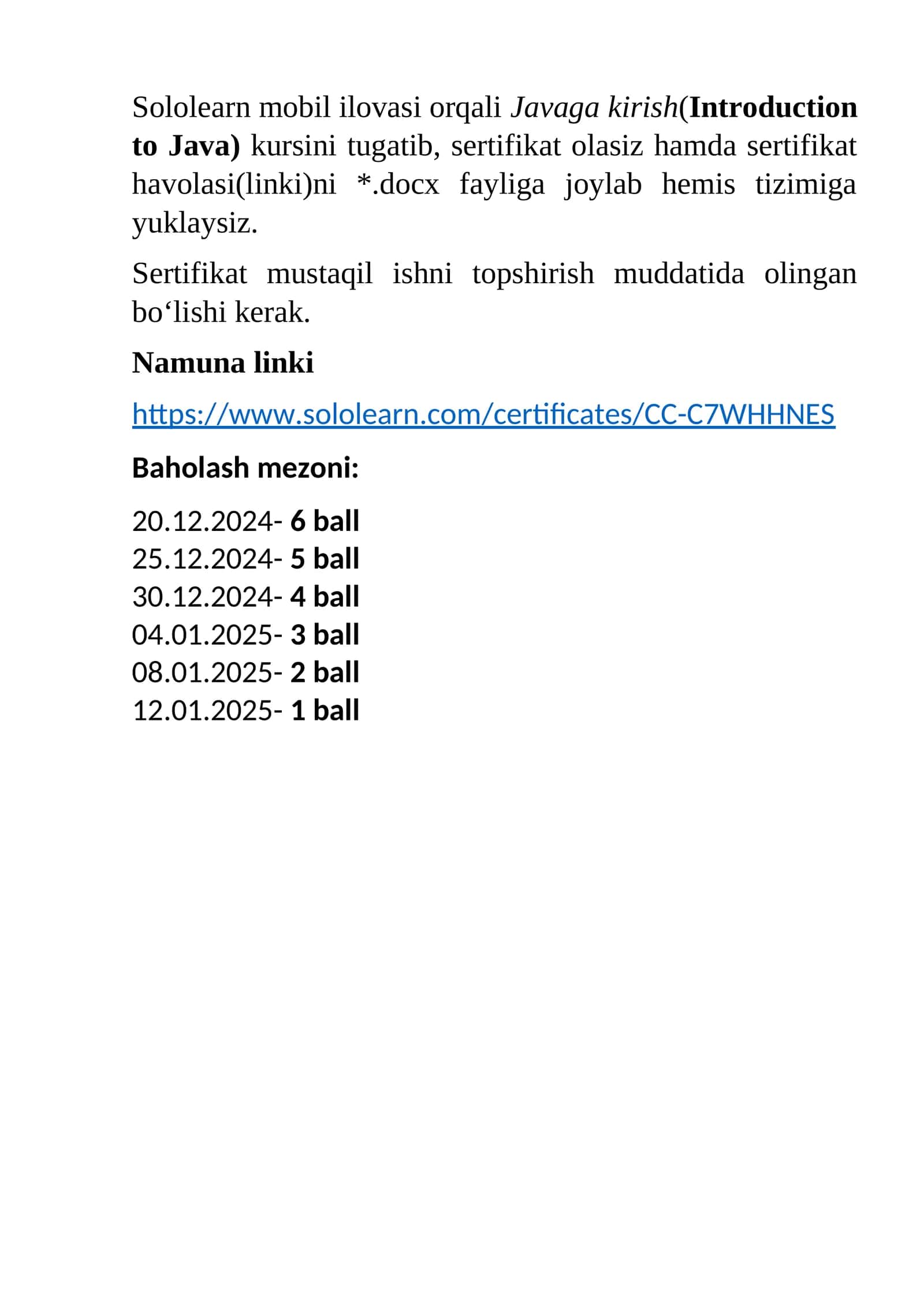 Javaga kirish(Introduction to Java) kursini tugatib, sertifikat olasiz 1