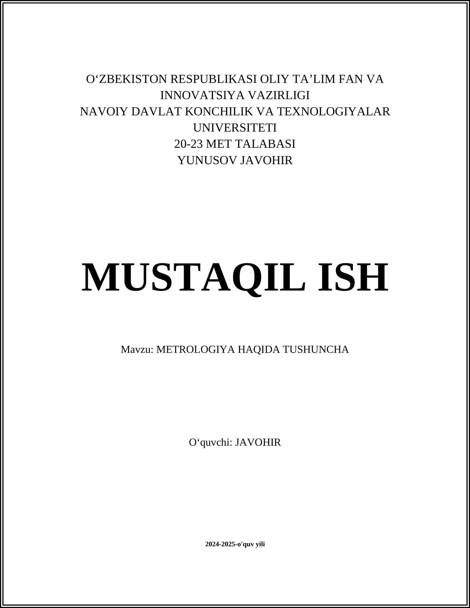 METROLOGIYA HAQIDA TUSHUNCHA 1