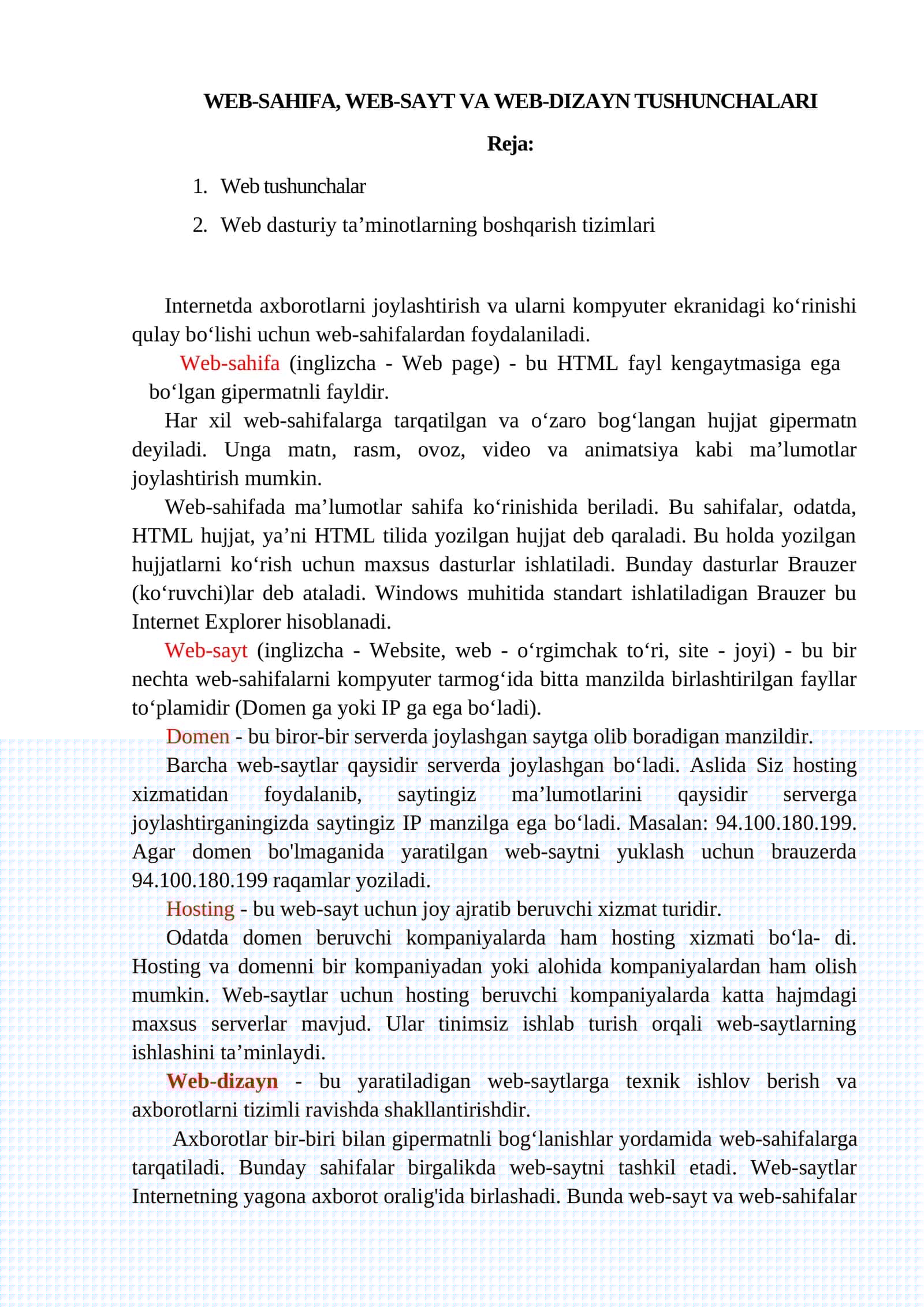 WEB-SAHIFA, WEB-SAYT VA WEB-DIZAYN TUSHUNCHALARI 1