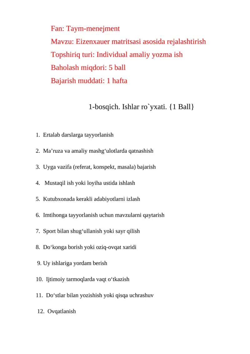 Eizenxauer matritsasi asosida rejalashtirish 1