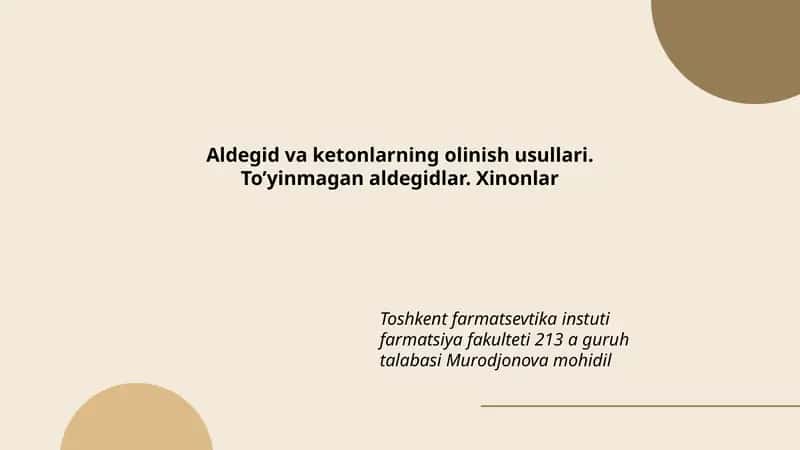 Aldеgid va ketonlarning olinish usullari. To’yinmаgаn аldеgidlаr. Хinоnlаr 1