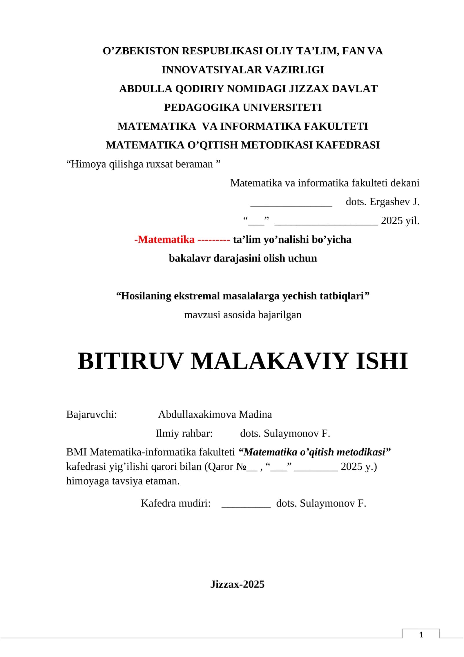 Hоsilaning еkstrеmal masalalarga yеchish tatbiqlari 1