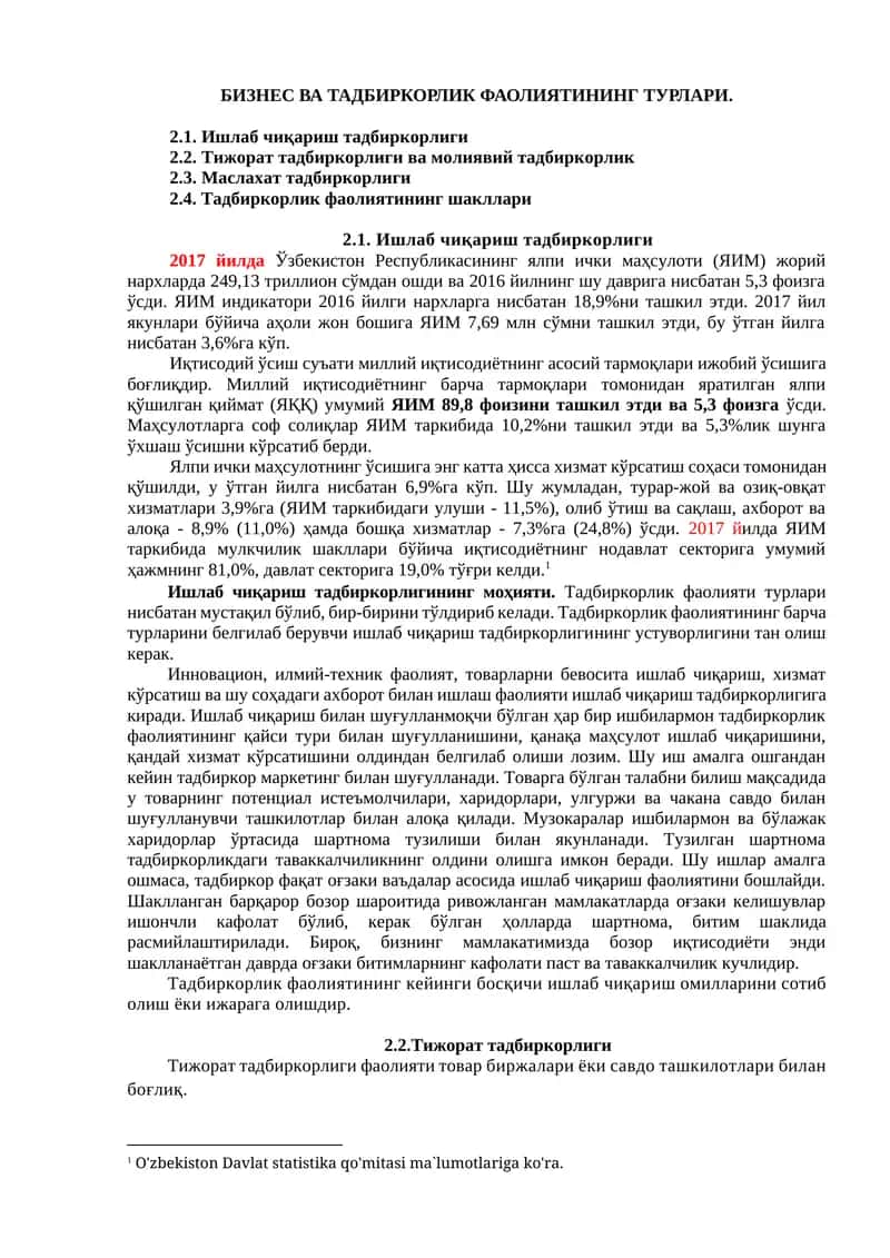 БИЗНЕС ВА ТАДБИРКОРЛИК ФАОЛИЯТИНИНГ ТУРЛАРИ 1
